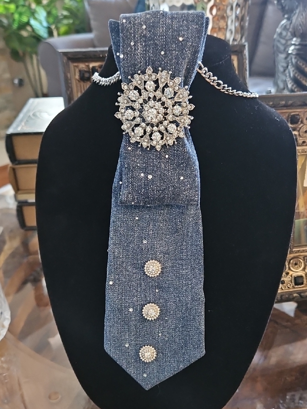 Upcycled Denim Sparkle Necktie Necklace with Crystal Brooch and Crystal Accents